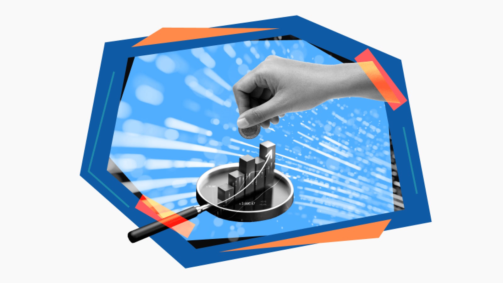 hand dropping coin into a bar chart on top of a magnifying glass
