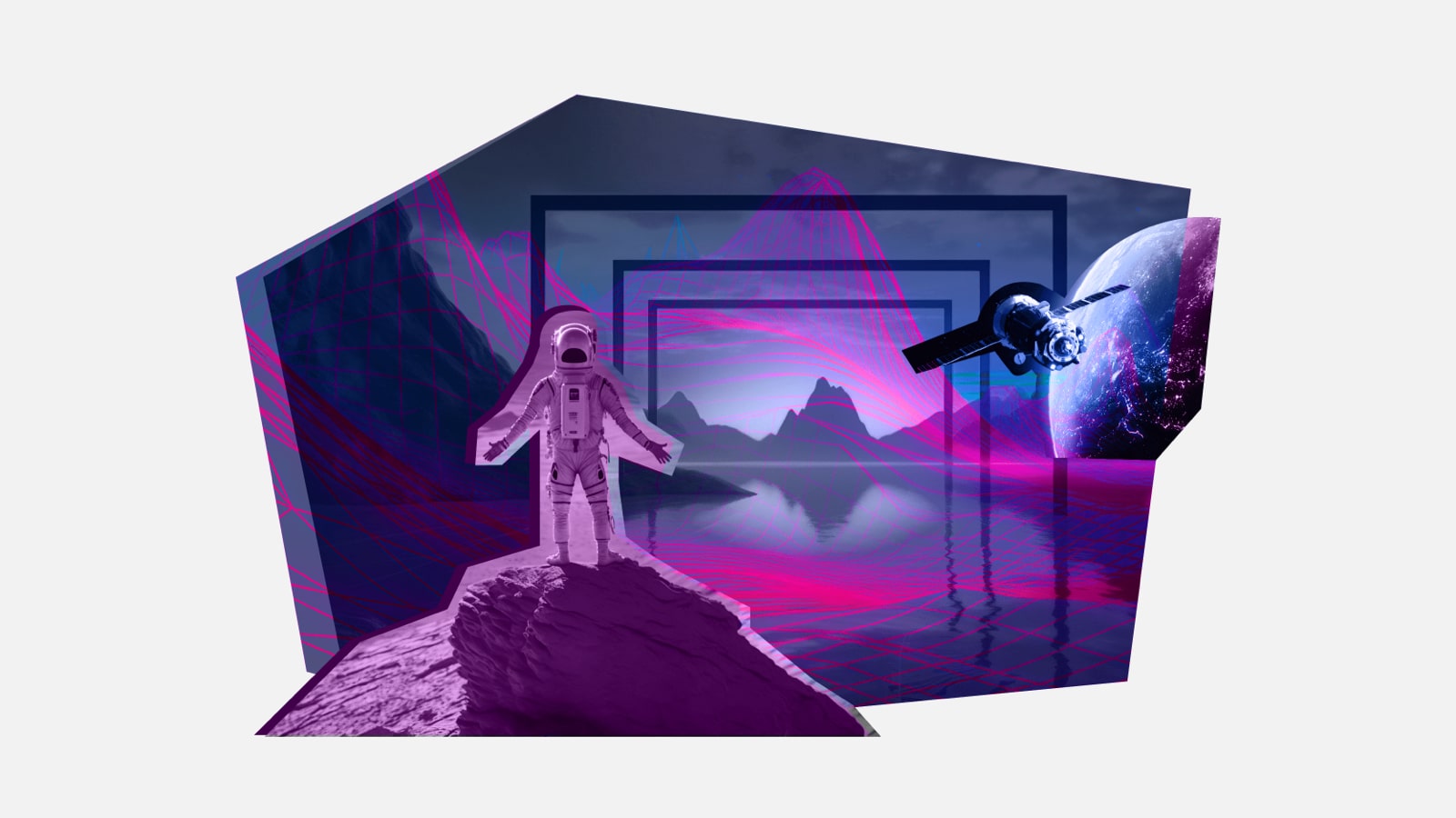 astronaut satellite, sea, mountains and globe on geometric pattern