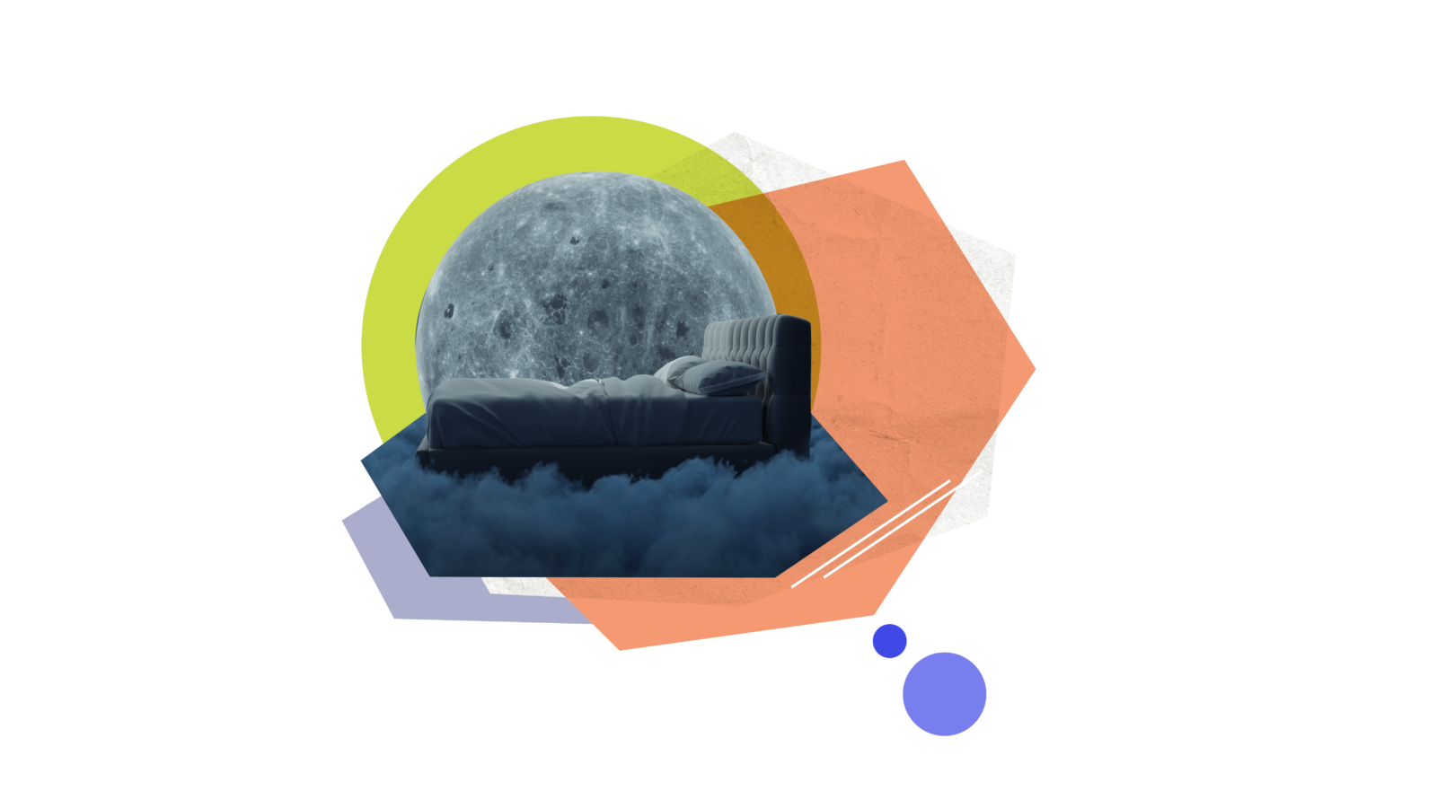 modern collage of a bed on clouds with a moon in the background