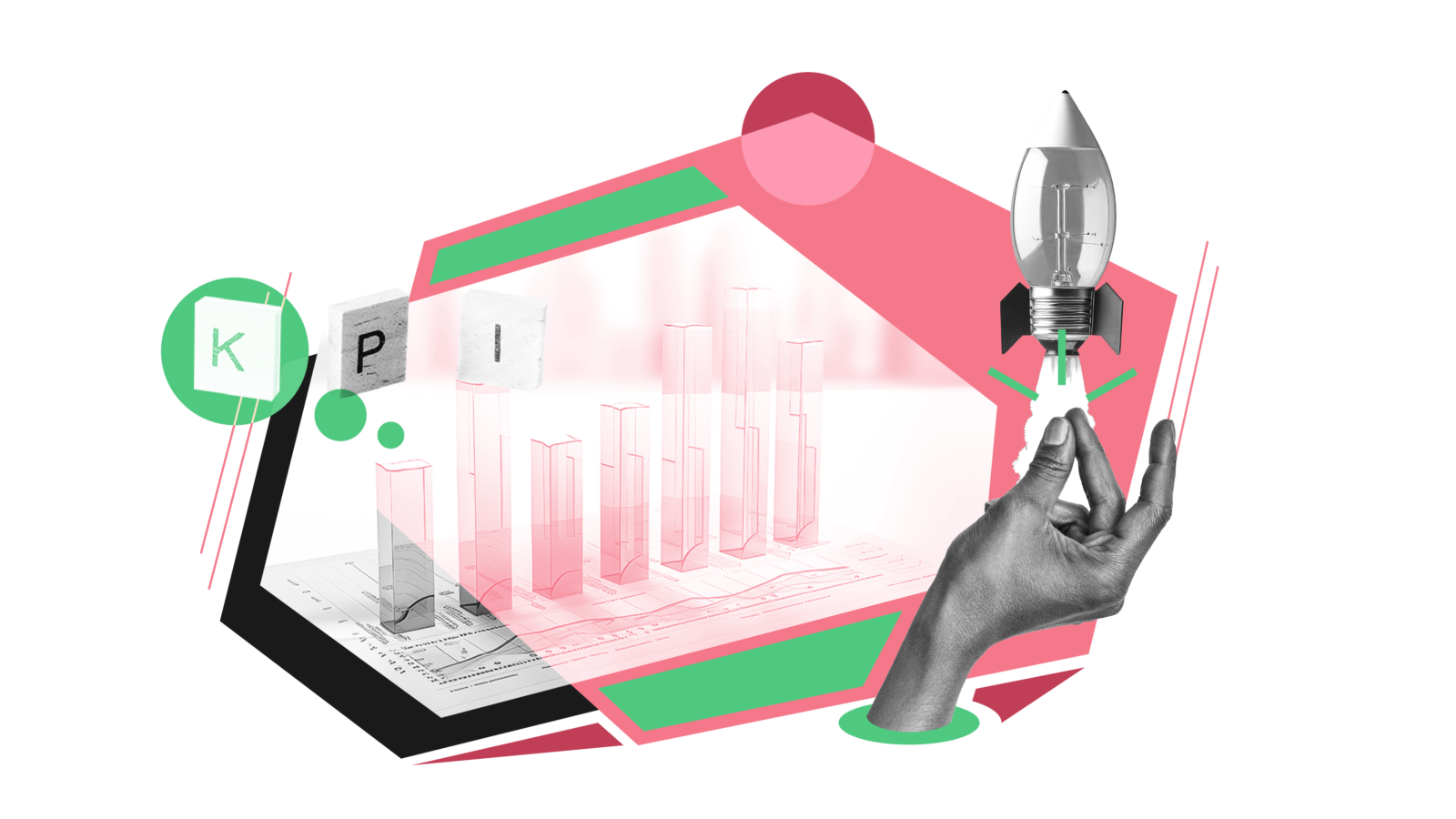 CFO metrics Atlas geometric pattern with a Barnhart and hand holding a rocket ship
